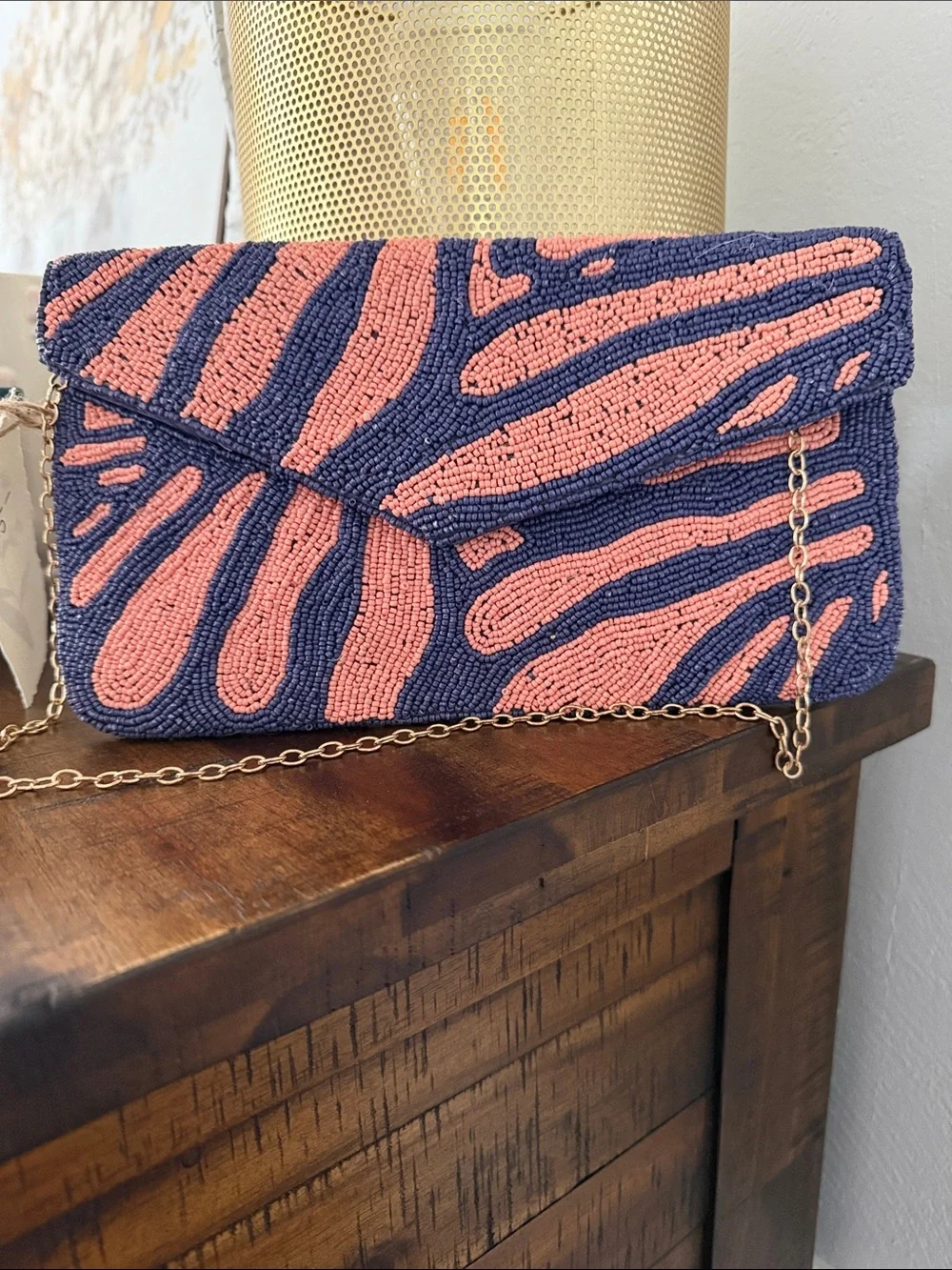 Beaded Envelope Crossbody Clutch - coral Pink & purple